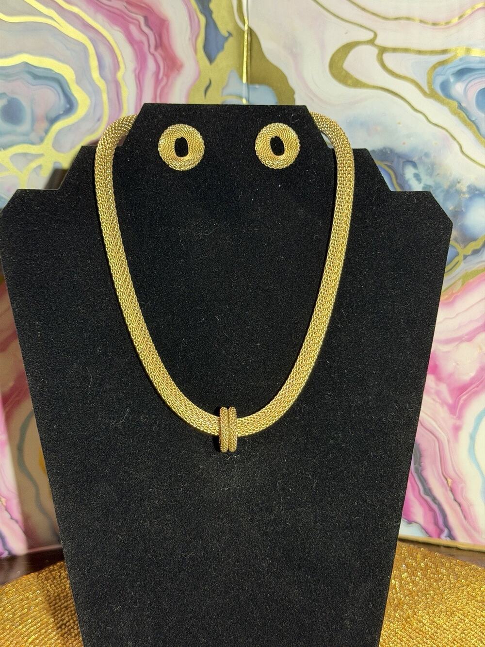 Erica Zap Gold Tone Mesh Necklace With Floating Ring And Contoured Mesh Earrings